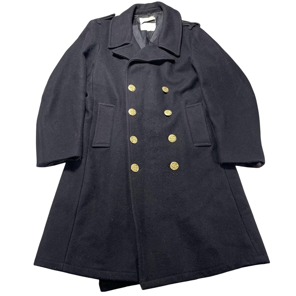 Vintage USN Coat Mens 40 Black Wool Double Breasted Anchor Buttons Overcoat USA